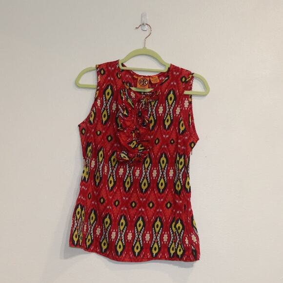 Tory Burch Red Multicolor Ikat Print Sleeveless Blouse Sz 2 - Picture 1 of 10